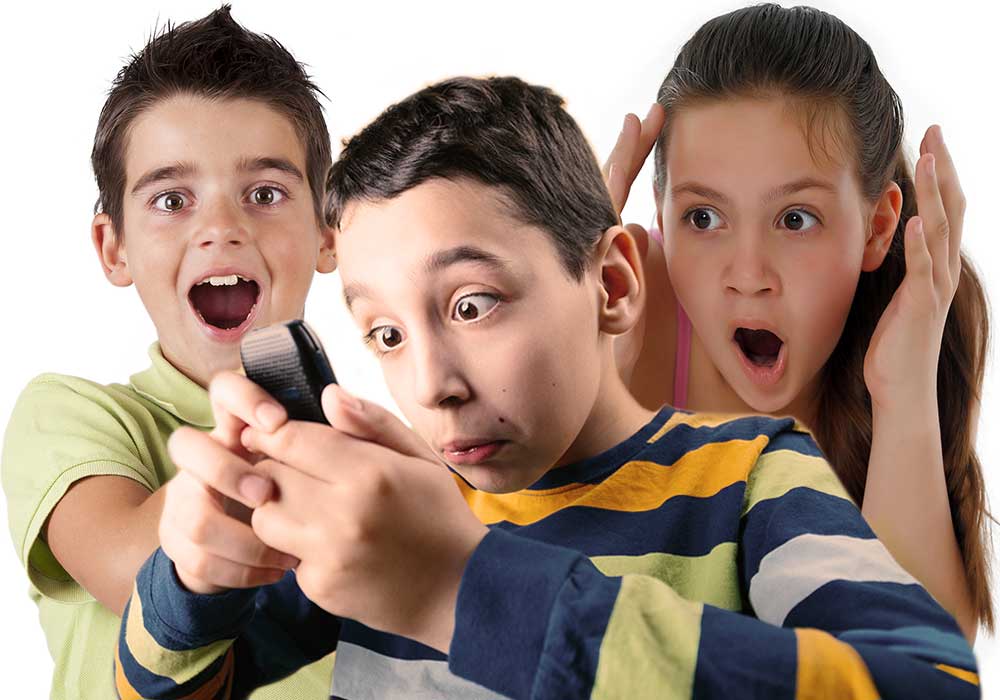 Surprised kids looking at phone